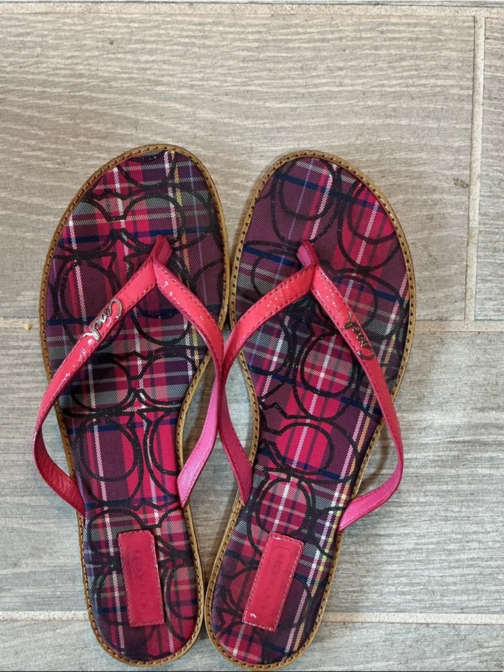 Coach Devlynn Pink Plaid Thong Sandals with Signature Logo Sz 9B - Picture 3 of 4